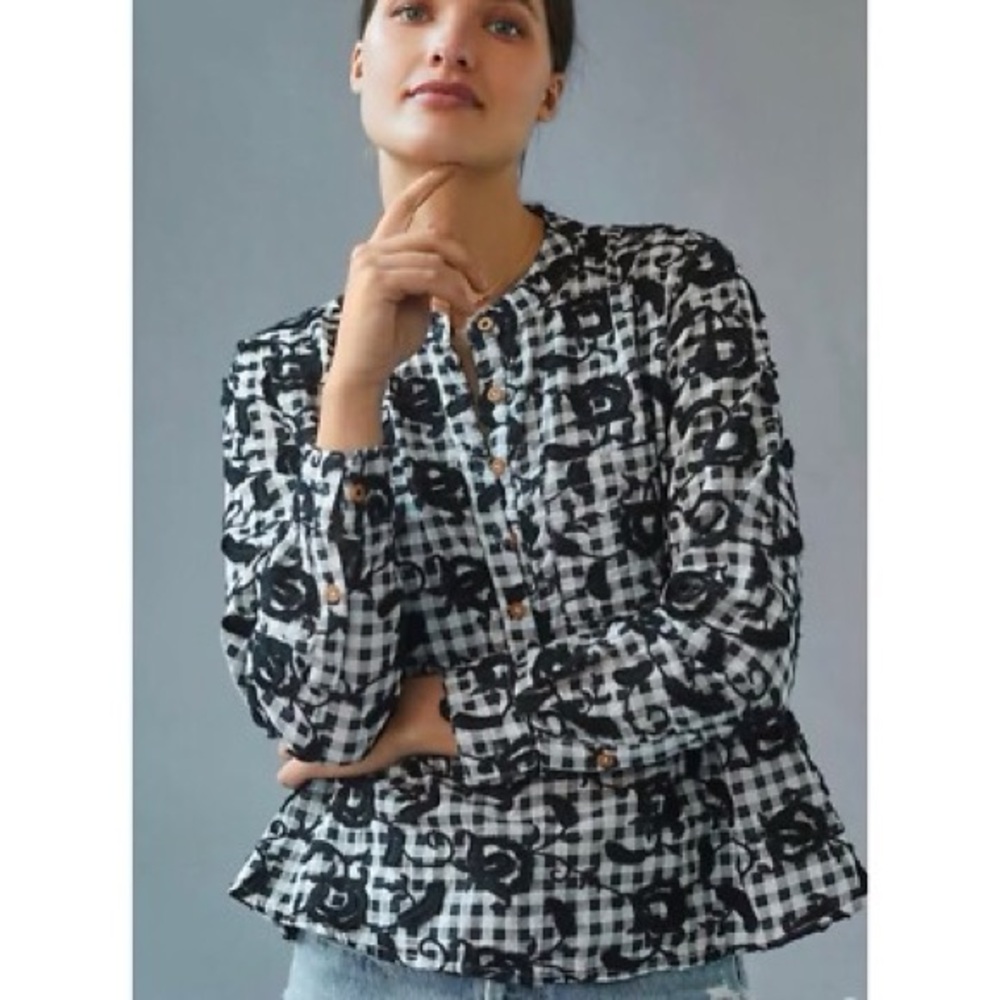 Anthropologie Pilcro Whitney trapeze top checkered embroidered XS